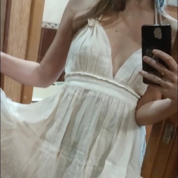 Boho dress beach halter open back lace tie cream womens summer dresses - Picture 13 of 13